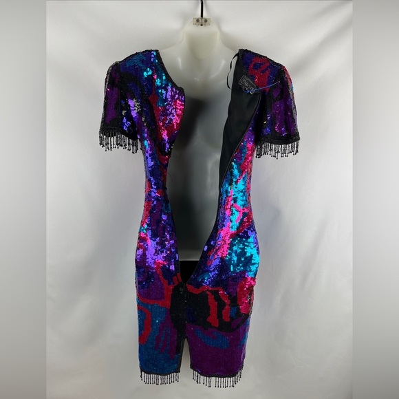 Sean Collection Sequin Beaded Mini Bodycon Fringe Pink Blue Purple Dress Size S - Picture 13 of 15